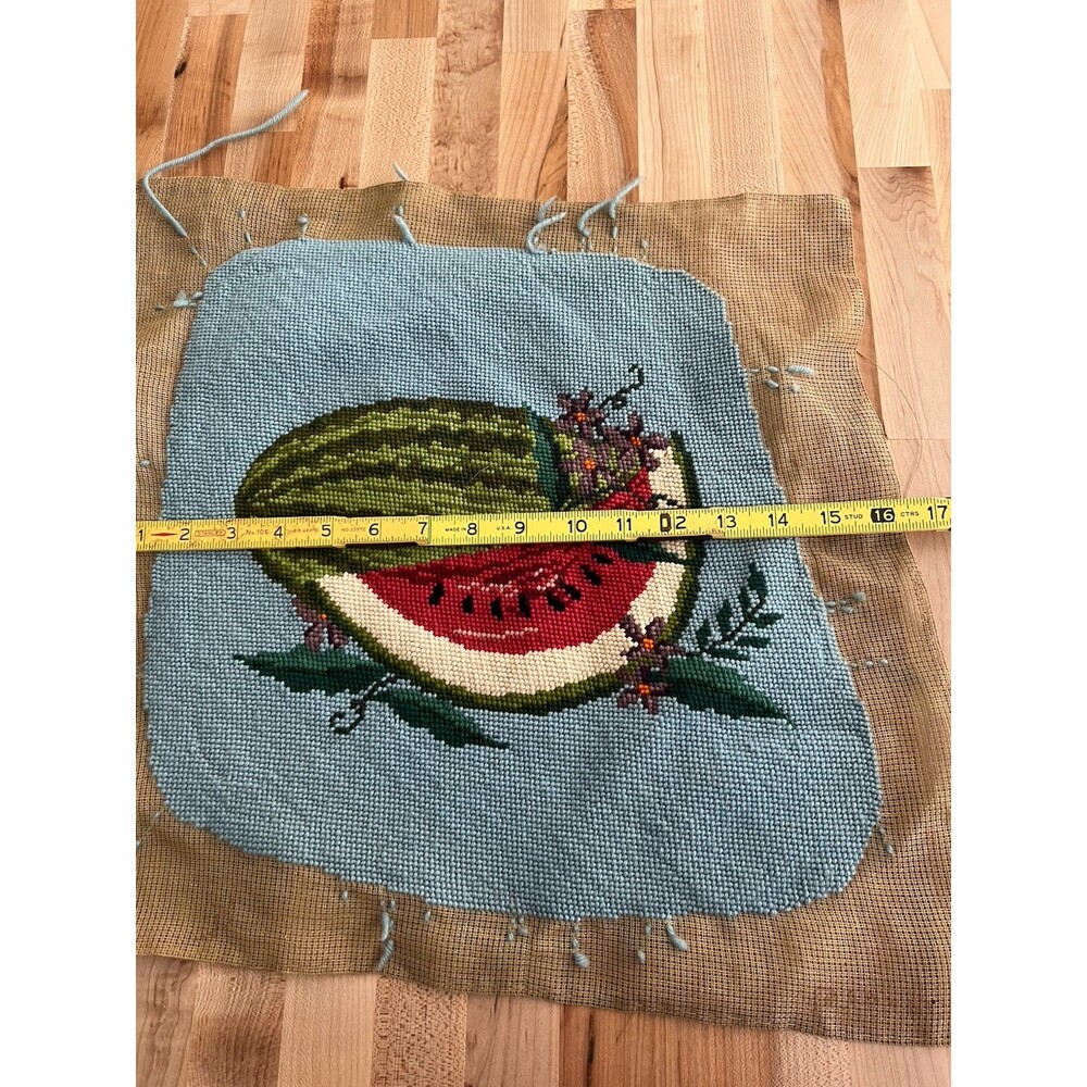 Vintage Needlepoint Set of 2 Watermelon Flowers Blue & Yellow Work in Progress - Picture 4 of 12
